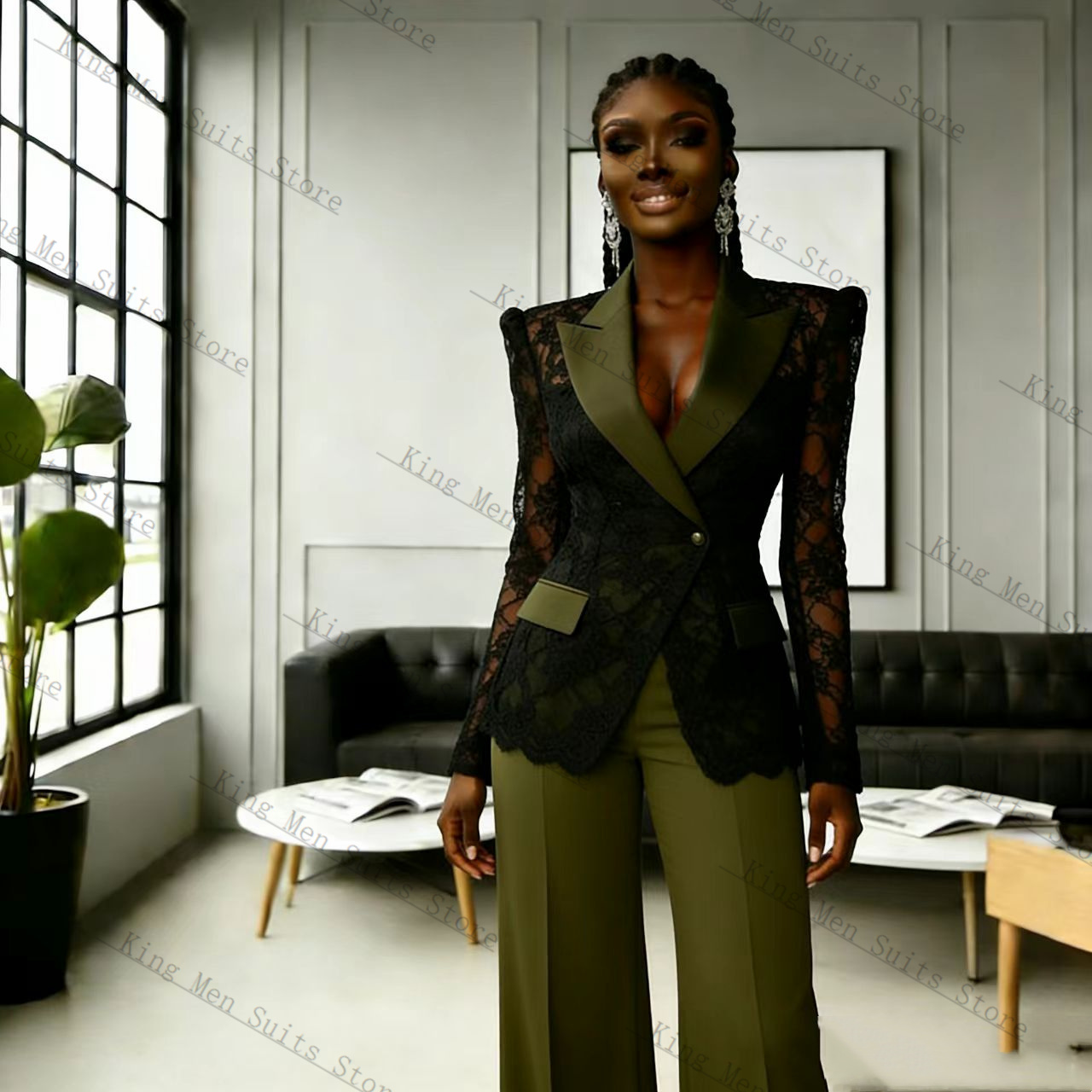 Women Formal Wear Trousers - Grün-Schwarzes Spitzen-Damenanzug-Set 2-teilig Blazer+Hose Herbst Frühling