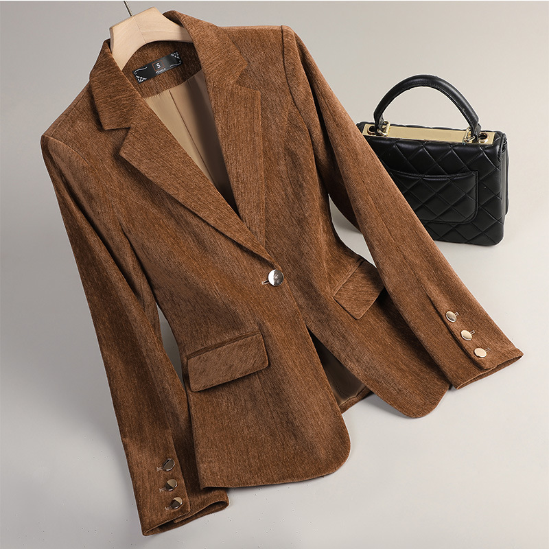 Women Formal Wear Business - Gelbgoldener Samt-Blazer für Damen, Herbst-Winter, Freizeitanzüge,