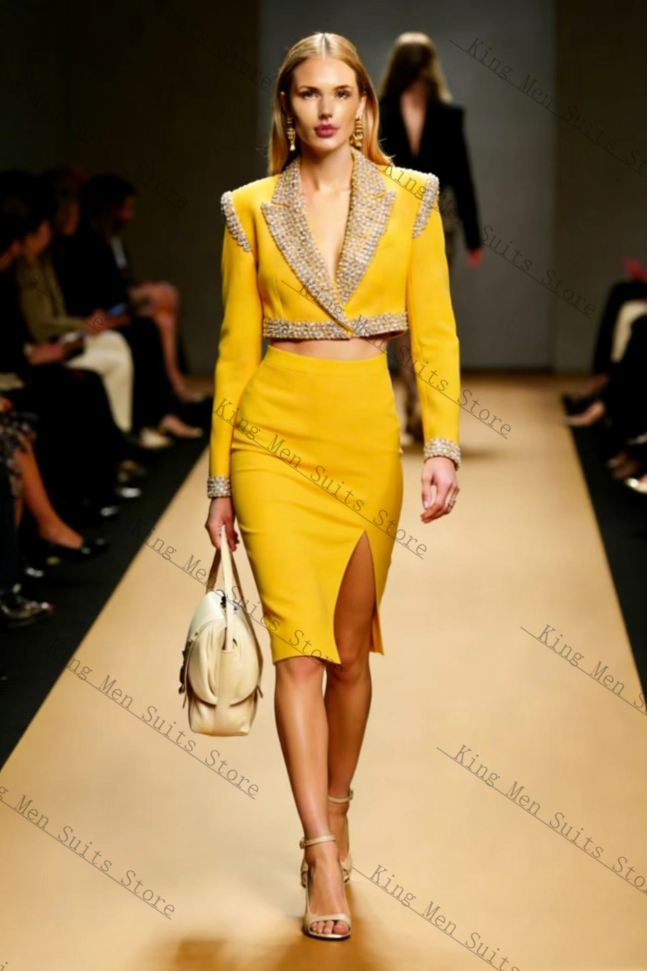 Yellow Formal Wear Women - Gelbes Kristall-Blazer- und Rock-Set für Damen,