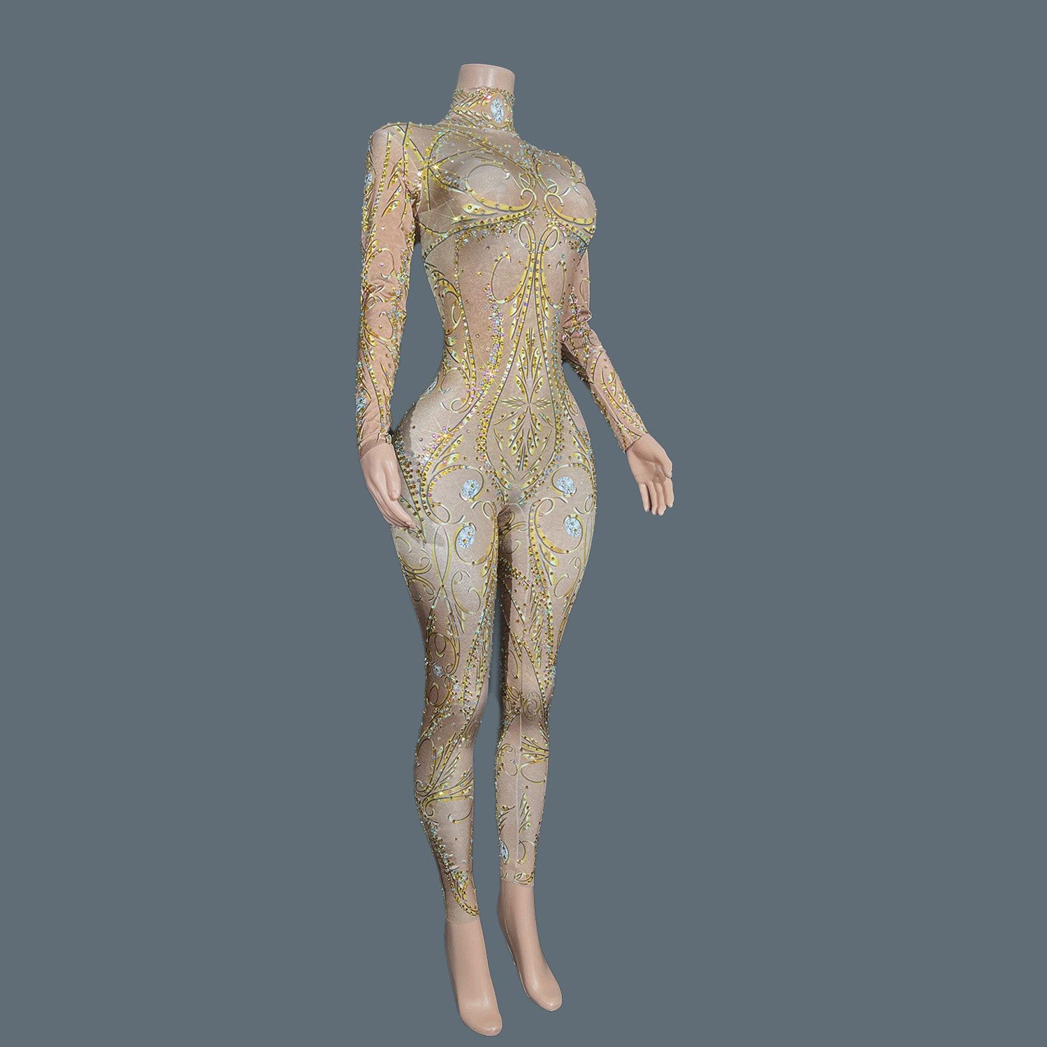 Women'S Formal Wear Jumpsuit - GOLD Strass Spandex Bodycon Langarm Overall