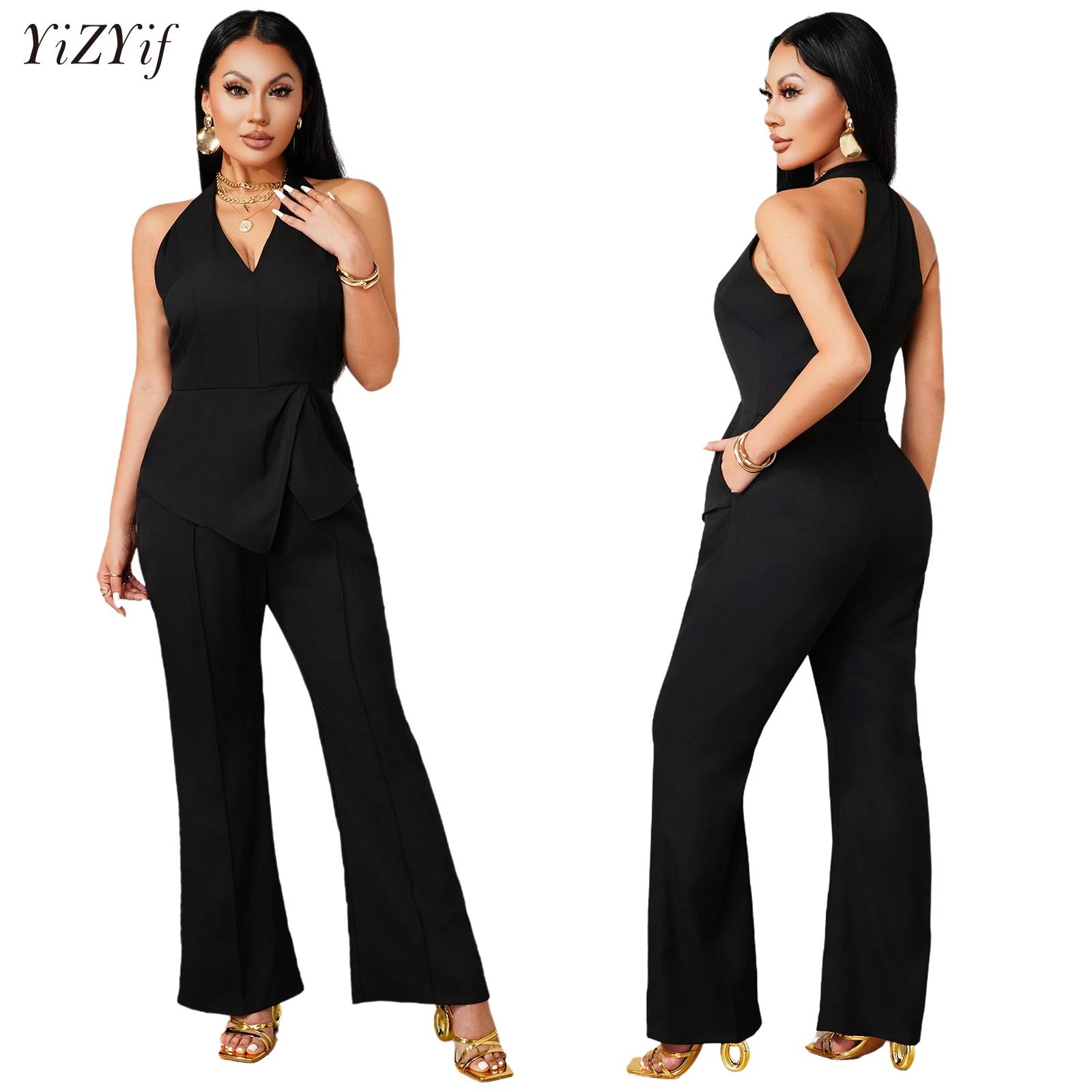Women Formal Wear Pants - Ärmelloser Jumpsuit mit V-Ausschnitt, asymmetrischer Drapierung,