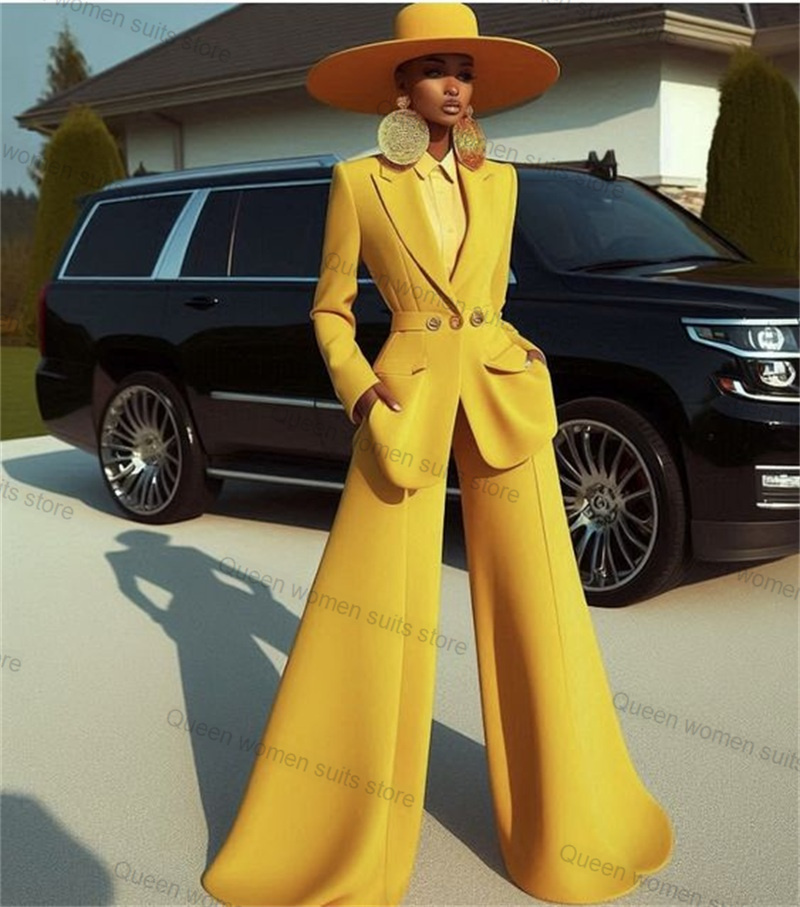 Yellow Formal Wear Women - Gelber Baumwoll-Damenanzug-Set, 2-teiliger Blazer + Hose
