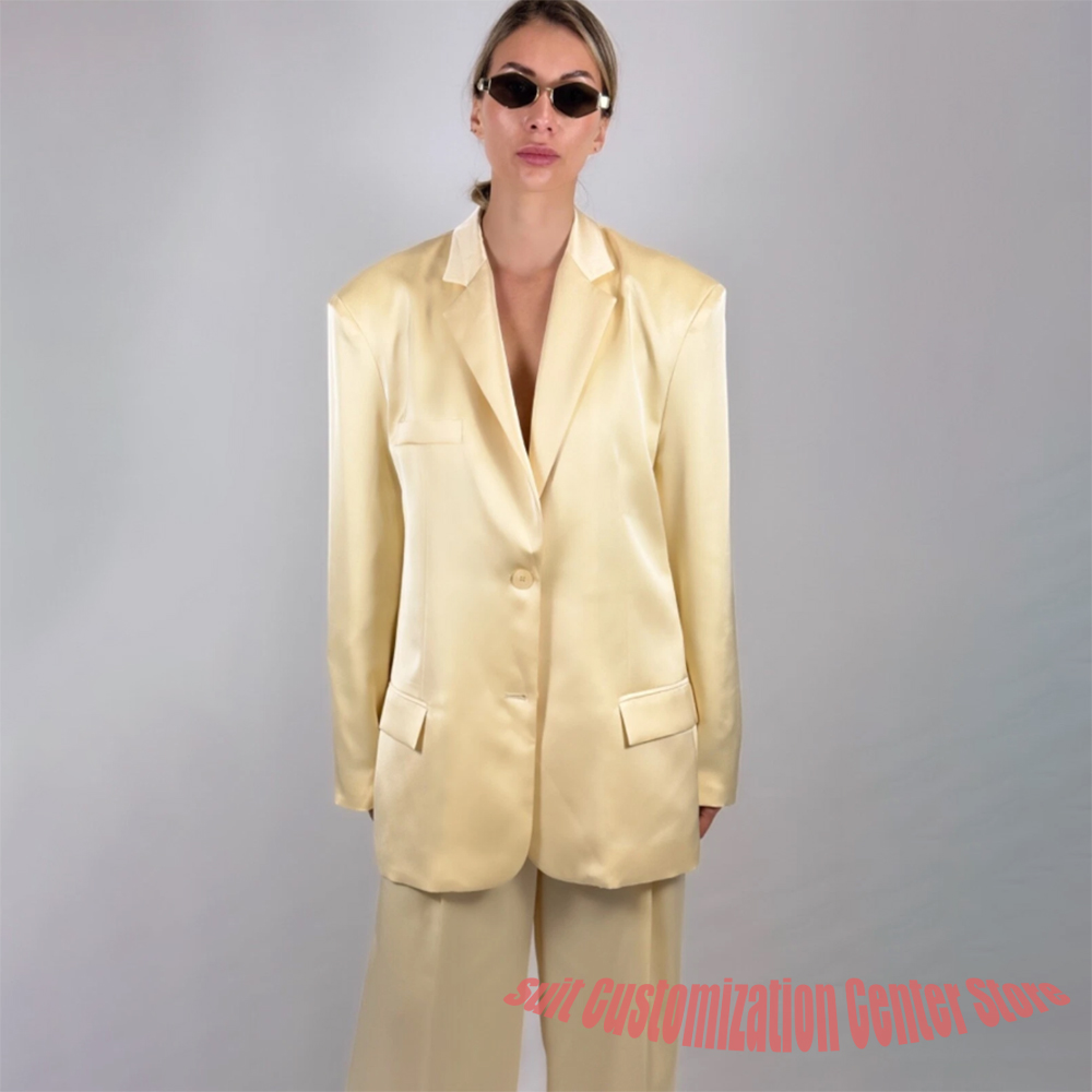 Yellow Formal Wear Women - Lässiges Damen-Satin-Hosen-Set in Gelb, Einreihiger Loser