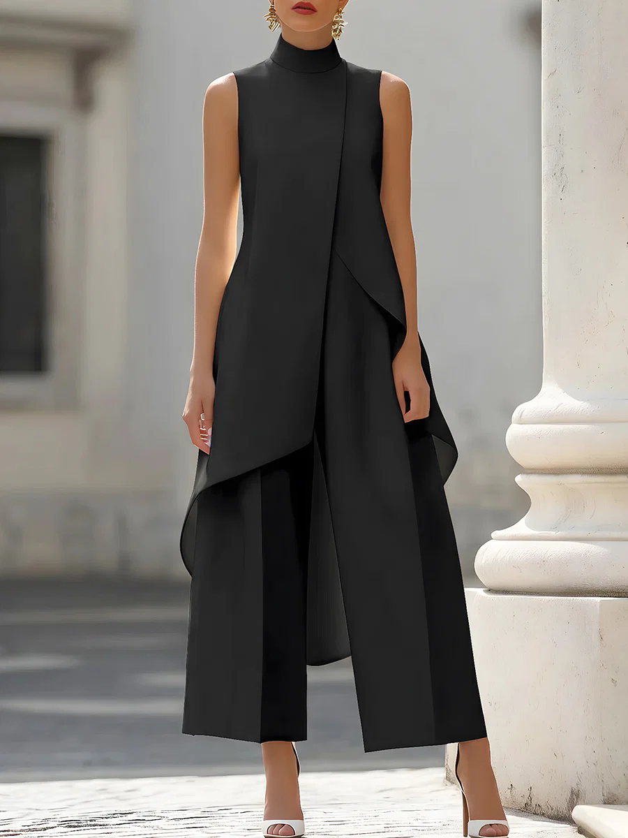Women Formal Wear Pants - Ärmelloser Jumpsuit mit hohem Kragen, asymmetrischer