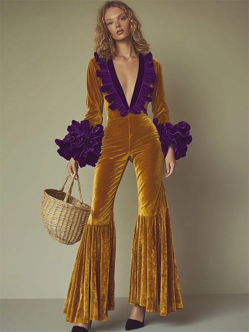 Yellow Formal Wear Women - Gelb-Lila Samt-Jumpsuit für Damen, Sexy V-Ausschnitt,