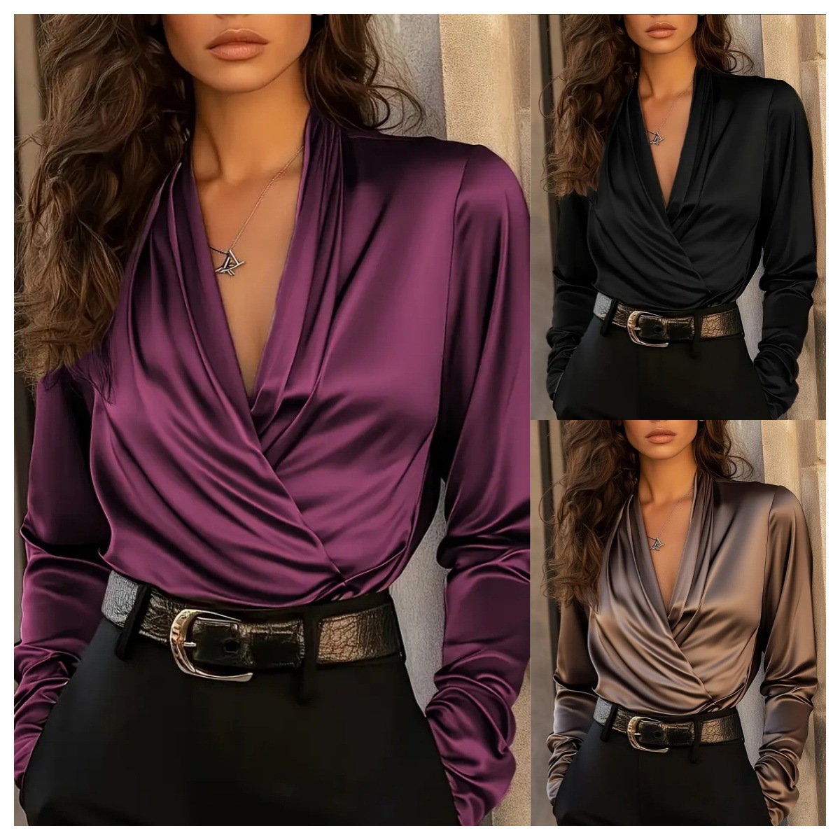 Damen Satin Wickelbluse mit V- – Women Formal Wear Business Bewertung und Preis