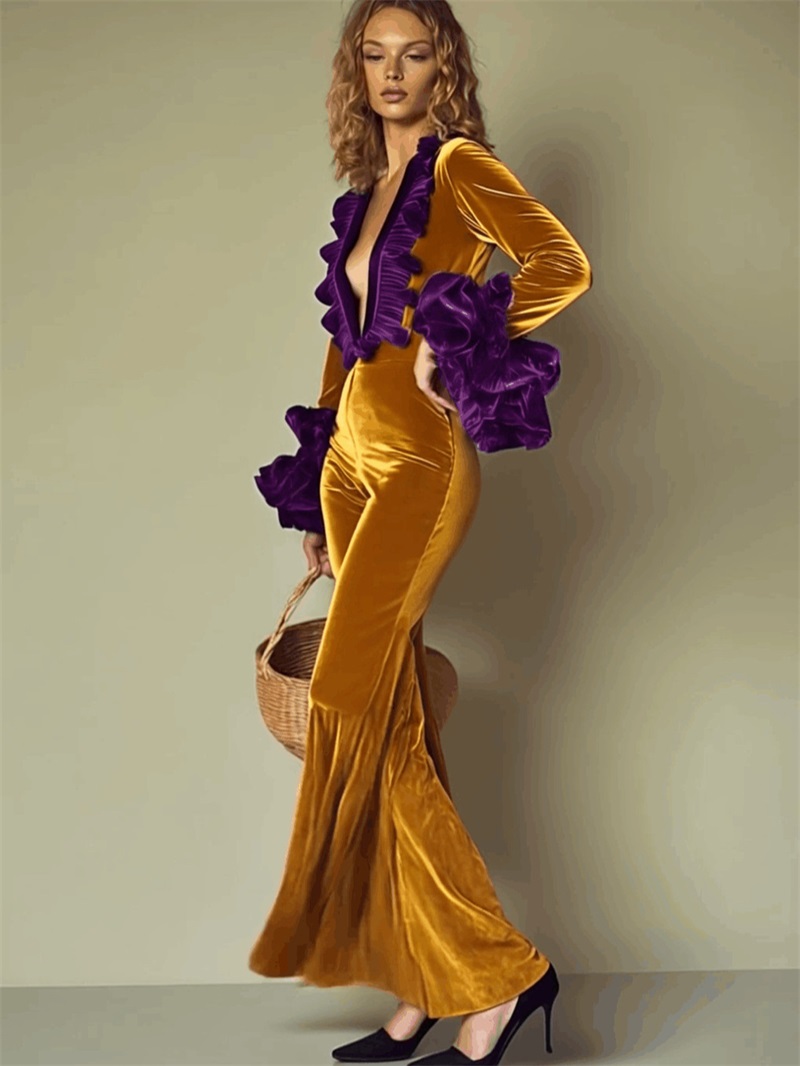 Gelb-Lila Samt-Jumpsuit für Da – Yellow Formal Wear Women Bewertung und Preis